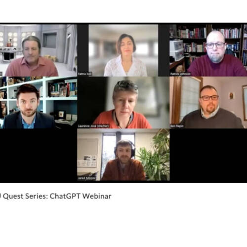 A screenshot showing six people participating in a virtual panel webinar titled “GVSU Quest Series: ChatGPT Webinar,” each visible in their own video grid tile with familiar home or office backdrops. Beneath the panel view is the caption text “GV...